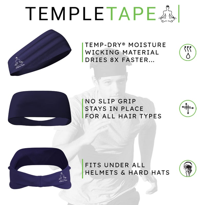 Temple Tape, Value 2-Pack, Mens Headband - Guys Sports Headbands Moisture Wicking Workout Sweatbands for Running, Cross-Train, Skiing and Bike Helmet Friendly 1-OD Green & 1-Navy Sweatband - Image 5